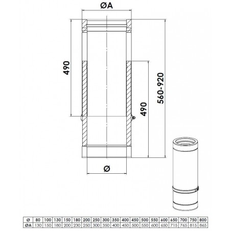 plan élément droit réglable 560 mm - conduit de fumée double paroi isolé plan élément droit réglable 560 mm - conduit de fumée double paroi isolé
